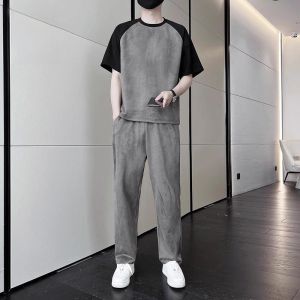 ROMON | Romon Mens Casual Sports Set Summer 2025 New Short Sleeve T-Shirt Loose Pants Handsome Two-Piece Suit Polyester Fiber