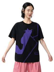 Moveup Summer 2025 Fun Series Short Shoulder Drop round Neck Printed T-Shirt Womens Casual Comfortable Cotton Blend Tee