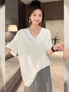BINKAFENNY | Unique Womens Mid-Length V-Neck Short-Sleeve T-Shirt Summer 2025 Fashionable Loose Half Sleeve Top Straight Cut Solid Color