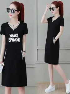 Summer New V-neck Midi Dress Women Loose Fit Short Sleeve Pure Cotton A-line Skirt Korean Style Comfortable Breathable Dress