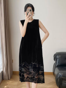 Lingze Xihui Womens Silk Velvet Dress Summer Loose Slim Straight Tube Sleeveless Dress Comfortable Soft H-Line Midi Dress