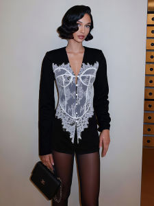 Nibber Basic Jacquard Patchwork Jacket Women V-Neck Single-Breasted Full Sleeve Fall Trend Office Street Skinny Chic Crop Coat