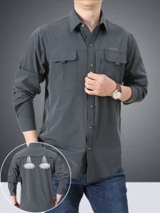 Quick Dry Ice Silk Long Sleeve Casual Thin Shirt Mens Elastic Summer Spring Outdoor Workwear Shirt Waterproof Breathable