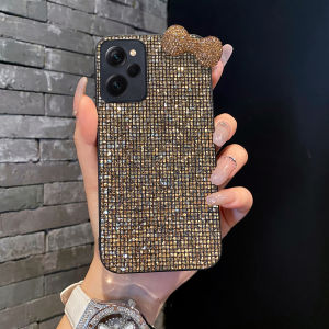 Shiny Gold 3D Faux Diamond Bowknot Grid Phone Case For Xiaomi Redmi Note 11 12 13 14 15 Plus Pro + 4G 5G 11S 12S Glitter Shell