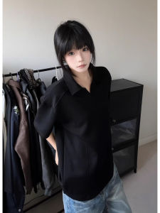 Black Loose Fit V-Neck Short Sleeve POLO Shirt Mens Summer Trendy American Preppy Style Casual Loose Collar T-Shirt Top