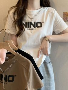 plus Size Womens T-Shirt Short Sleeve Shoulder Width Regular Length Summer French Design Letter Print Casual Loose Fit Top