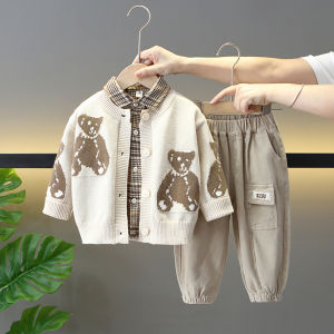 ชุดเด็กชายฤดูใบไม้ผลิและฤดูใบไม้ร่วง ชุดเสื้อสเวตเตอร์แฟชั่น ชุดสามชิ้น ผ้าฝ้ายผสมโพลีเอสเตอร์ ชุดเด็กชาย