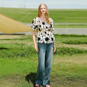 Áo Sơ Mi Tay Ngắn Họa Tiết Hoa in Mực Nước Cổ Vuông Tay Bồng Phong Cách Pháp Mùa Hè Thương Hiệu 007 Áo Sơ Mi Nữ