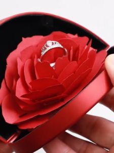 Kotak Tempat Cincin Bunga Mawar Merah Bentuk Hati 3D Pop Up Rose Ring Box Hadiah Valentine