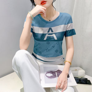 Rehin cổ tròn đàn hồi cao ngắn tay lưới T-shirt với in chữ cái lớn thời trang áo sơ mi bó sát đơn giản cho mùa hè 2024 phụ nữ hàng đầu