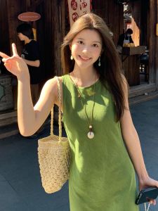SENWA | Đầm Dài Quai Halter Màu Xanh Lục Phong Cách Pháp Hoài Cổ