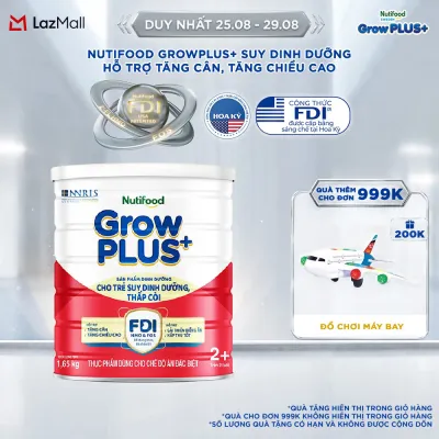 Sữa bột Nutifood GrowPLUS+ Suy Dinh Dưỡng (Đỏ) 2+ - Hỗ trợ tăng cân tăng chiều cao (Lon 165 Kg)
