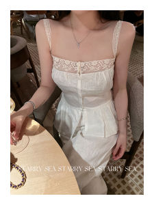 French Lace Splice Linen Strap Single Button Pure Desire Vest Waist Inward Sleeveless Top Womens Summer Outfit Short Length