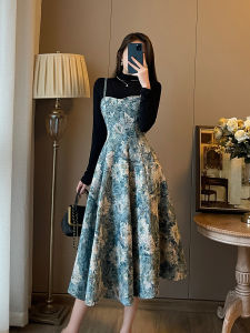 French Vintage High Waist Long Dress Set Floral Oil Painting Print Strapless Dress And Skirt Two Piece Womens Autumn Outfit