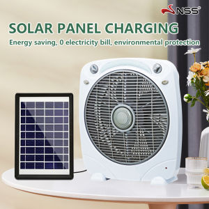 Nss Electric fan 12 inch Solar fan 9 speed AC/DC Dual Power rechargeable promo sale desk fan strong wind low noise Build in 6V 4500mah battery with led light and panel