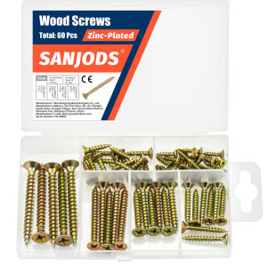 High Hardness Wood Screws Kit (6 Sizes 60pcs) - Phillips Flat Head Coarse Thread - For DIY Woodworking Furniture Fixing