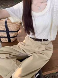 Womens U-Neck Short Sleeve Knitted Ice Silk Top Summer Loose Design Korean Style Pure Color Commute Fashion T-Shirt