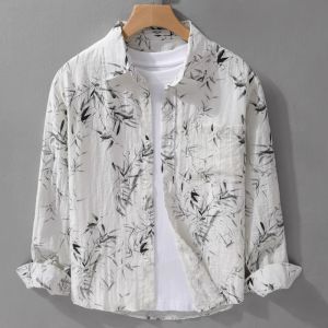 Artistic Long Sleeve Mens Shirt Thin Print Casual Outerwear Polyester Fiber Breathable Spring Autumn Chinese Style Loose Fit