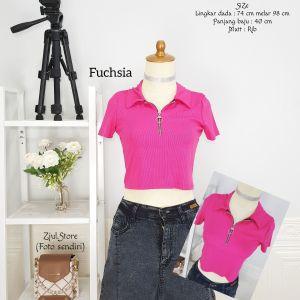 Zjul (COD) - DAIMA Kaos Crop top kaos pendek kerah resleting v neck / Knit rib / Baju lengan Pendek / Pakaian Cewek berkerah / shirt wanita