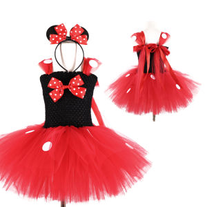 LOlanta 2Pcs Halloween Mickey Costume for Girls Black Elastic Vest Red Mesh TuTu Dress with Bow Birthday Cosplay