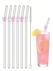 1/4/6PCS Reusable Glass Straws with Bow Charm Bachelorette Bridal Party Decor Drinking Straws Set Summer Cup Accessories