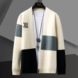 Trendy Mens Open Cardigan Sweater Autumn New Style Casual Loose Fashion Color Block Versatile Knitted Shirt Handsome Leisure Outerwear