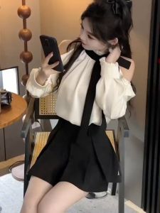 French style socialite set dress womens autumn design butterfly condensation shoulder shirt high waist half skirt two-piece set