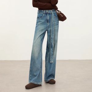 High Waist Straight Leg Pure Cotton Denim Jeans Womens Premium Spring New Style Faded Long Trousers Fashionable Blue Jeans