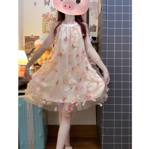 Váy Mùa Hè Ngọt Ngào Không Tay Cổ Treo Váy Ngắn Đi Biển Váy Chữ a Cạp Rộng Thoải Mái Ngọt Ngào Cho Thanh Thiếu Niên Mặc Dự Tiệc