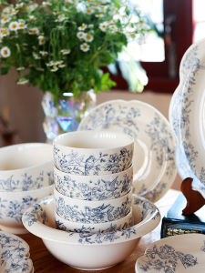 ชามทานข้าวลายดอกไม้สไตล์ฝรั่งเศสย้อนยุค ชุดจานเซรามิกตกแต่งด้านในด้วยสีเคลือบ ชามขนาดกลาง ลายดอกไม้ ชุดเครื่องใช้ในบ้าน