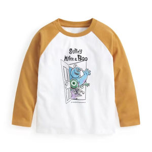 Pure Cotton Long Sleeve T-Shirt for Children Spring Autumn round Neck Cartoon Animation Shoulder Insertion Base Shirt Baby