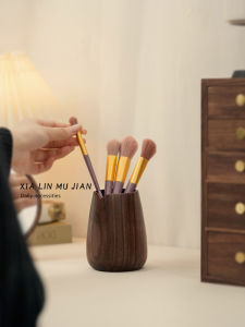 Portable Wooden Makeup Brush Storage Box Multifunctional Eyebrow Pencil Trimmer Organizer Retro Style Desktop Cosmetic Tool