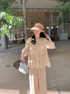 Loose Fit Linen Print Shirt Women Summer Seven Sleeve round Neck Versatile Casual Commute Design Early Autumn Top French Style