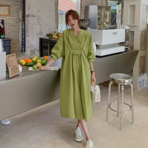 Green V-Neck Shirt Dress Women Summer 2025 New plus Size Loose Belly Covering Slimming French Forest System Long Dress