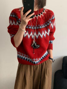 Retro Red Fair Isle Color Block Long Sleeve round Neck Pullover Knitwear Loose Fit Christmas Theme Womens Autumn Fashion