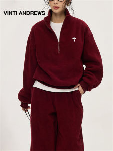 High-end Casual Red Fleece Slim Fit Hoodie & Sweatpants Set