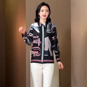 AMMIN 2025 Spring New Simple Lapel Fashion R Abstract Graffiti Printing Twill Silk Mulberry Silk Shirt Womens Korean Style plus Size Long Sleeve Elegant Blouse