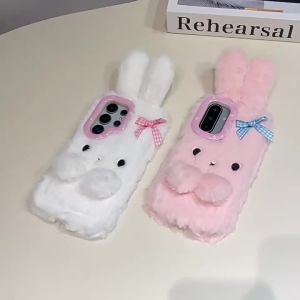 Koren 3D Cartoon Bowknot Rabbit Ears Warm Furry Plush Phone Case For Samsung Galaxy S23 24 25 26 Ultra Plus A57 Shockproof Cover