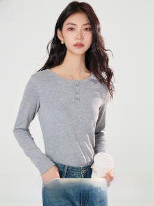 MiiOW | Áo thun nữ tay dài màu xám thường ngày đi làm mùa thu cổ tròn dáng rộng thoải mái thoáng khí chất liệu polyester