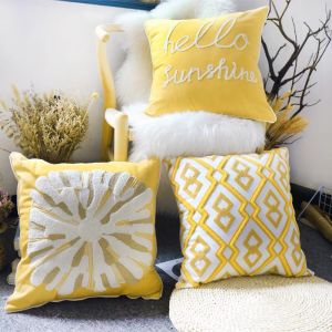 Luxurious Embroidered Cushion Cover Nordic Yellow Pure Cotton Sofa Living Room Window Seat Sample Room Backrest Decorative Pillow
