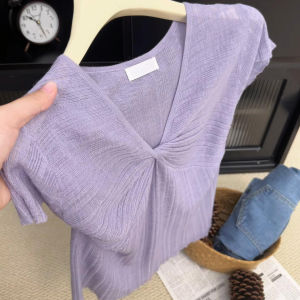 V.C.I | Stylish V-Neck Knot Slim Fitting Short Sleeve Shirt
