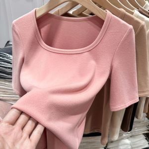 Womens Large Low U-Neckline Short-Sleeved Bottoming Shirt Fall and Winter Double-Sided Dralon Heattech Thickened Inner Wear Blouse Thin Velvet Half-Sleeve T-Shirt