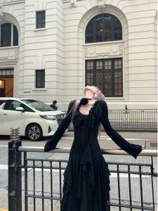 Váy Ren Đen Gợi Cảm Cho Nữ Váy Dài Cổ Vuông Cao Cấp Váy Chữ a Dài Tay Mùa Xuân Thu Đông Váy Chữ a Màu Trơn Không Thương Hiệu