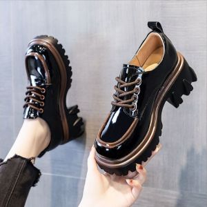 Womens British Style Versatile Round Toe Leather Shoes Genuine Leather Thick Soled Loafers for Women