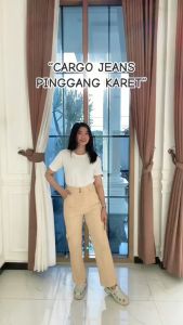 Highwaist Cargo Karet Pinggang Jeans Tebal Big Size Jumbo 27-42