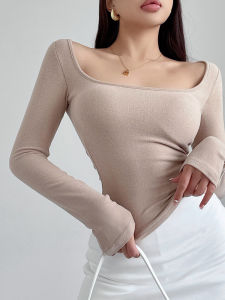 Áo Thun Nữ Liviahome Low Collar Slim Fit Cartoon Chest Pad Shoulder Wrap T-Shirt Street Style Spring Autumn Pure Color Long Sleeve