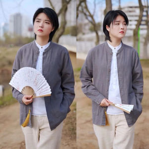 Autumn New Mens Cotton Linen Loose Long Sleeve Shirt Pure Color Artistic Style Casual Wear Breathable Spring Business Gentleman