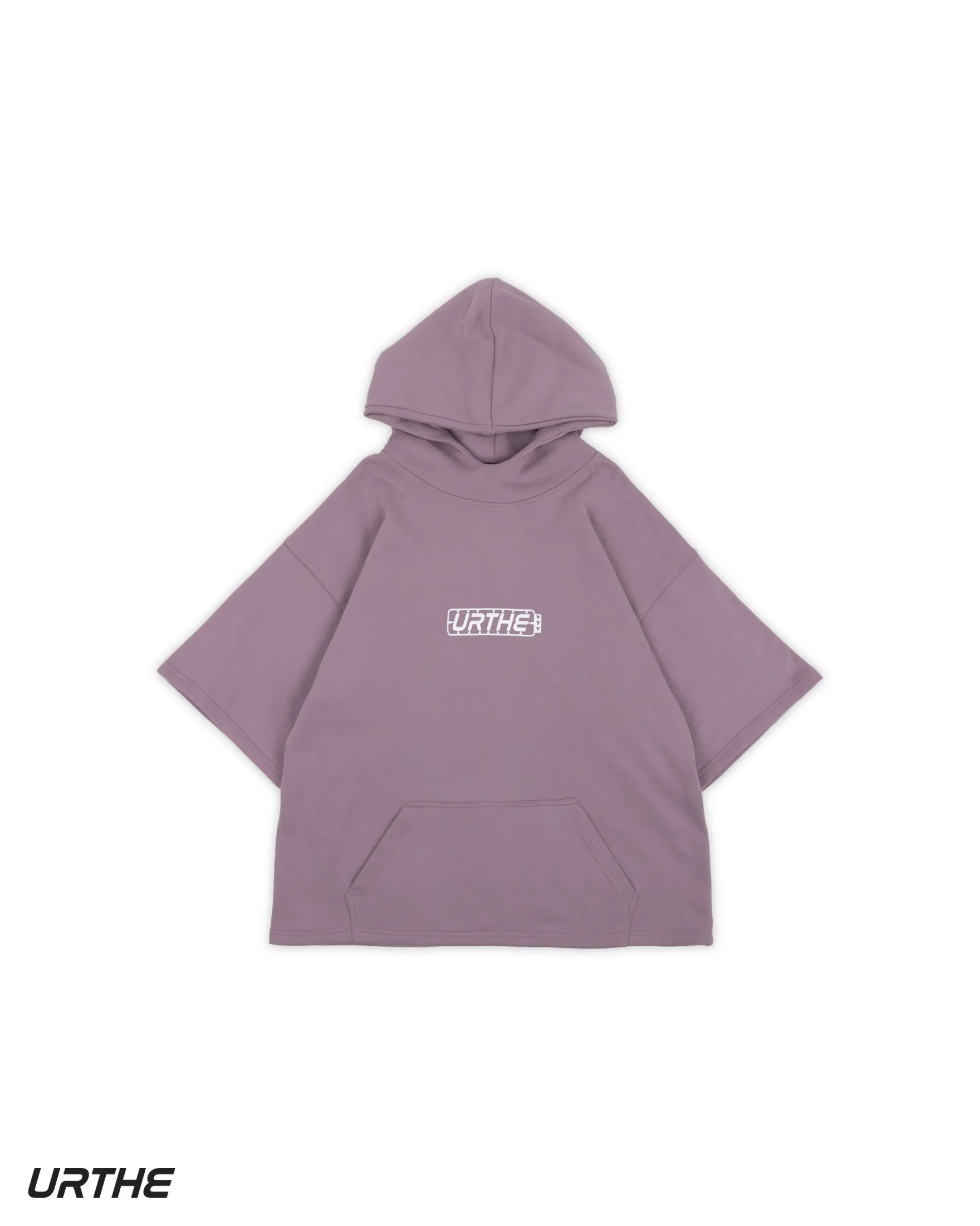 URTHE - เสื้อฮู้ด แขนสั้น OVERSIZE สกรีนลาย รุ่น THE PART HOODIE สีดำ สีขาว สีม่วง สีน้ำตาล