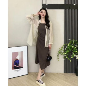 Váy Dây Cho Bà Bầu Cho Con Bú Mùa Thu Phong Cách Hàn Quốc Dài Tay Trang Phục Sau Sinh Hai Mảnh Che Giấu Mỡ Giúp Thon Gọn