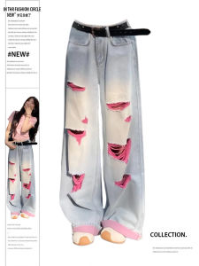 Quần Jeans Denim Rách Cạp Lưng Thường Ngày Mùa Hè 2025 Quần Ống Rộng Dáng Rộng Phong Cách Đường Phố Mỹ Cho Nữ